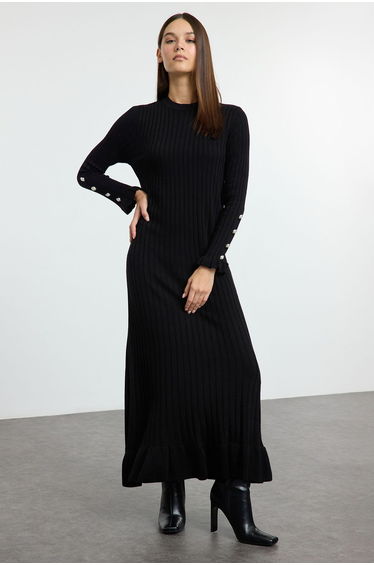 Black Frilled Rib Knit Dress