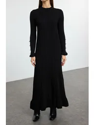 Black Frilled Rib Knit Dress - 5