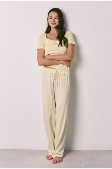 Yellow cotton short sleeve long pyjamas