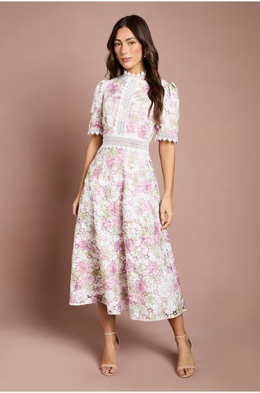 Printed Lace Short Sleeve Trim Detail Midi Dress