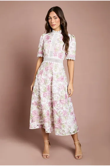 Printed Lace Short Sleeve Trim Detail Midi Dress