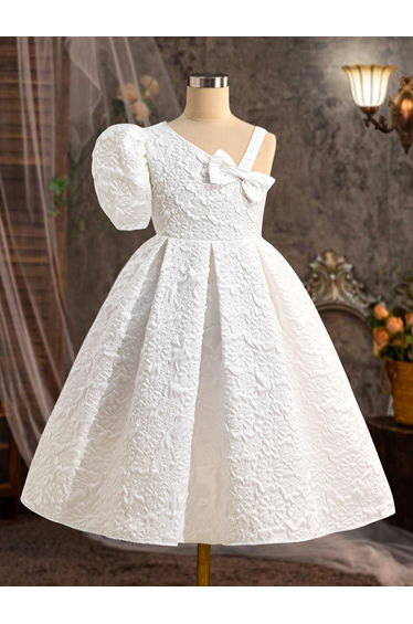 One Sleeve Textured Dress with Bow Detail