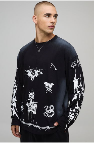 Oversized Boxy Doodle Spray Wash Faux Layer T-Shirt - black