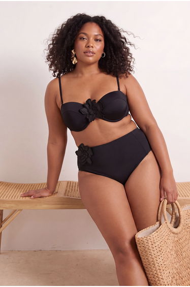 Black Floral High Waist Plus Size Bikini Bottom