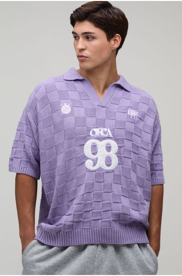Oversized Boxy Checkerboard Circa 98 Knitted Polo - lilac
