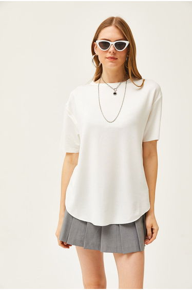 Women's White Modal Touch Soft Textured Six Oval T-Shirt
