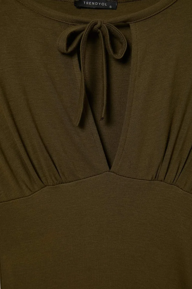 Khaki Fitted Keyhole Collar Crop/Short Soft Knitted Blouse - 6