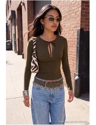 Khaki Fitted Keyhole Collar Crop/Short Soft Knitted Blouse - 1