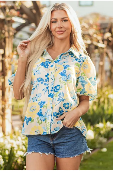 Lvness Blue Floral Striped Mixed Print Puff Short Sleeve Blouse