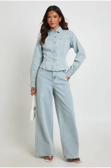 Gold Button Denim Shirt - bleach wash