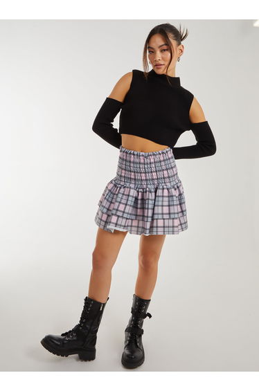 Checked Shirred Mini Skirt