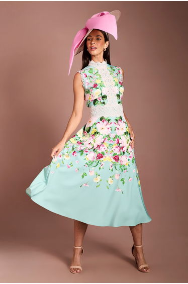 Lisa Tan Lace Trim Placement Print Midi Dress