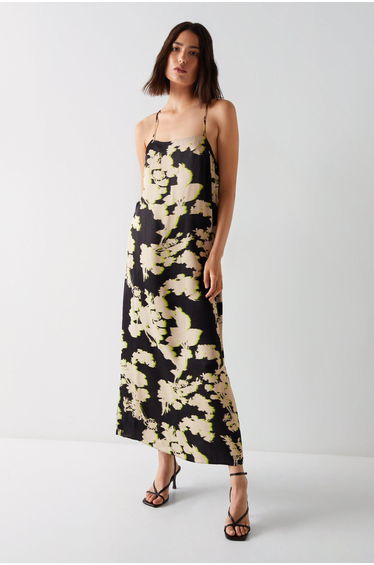 Shadow Floral Premium Satin Strappy Dress