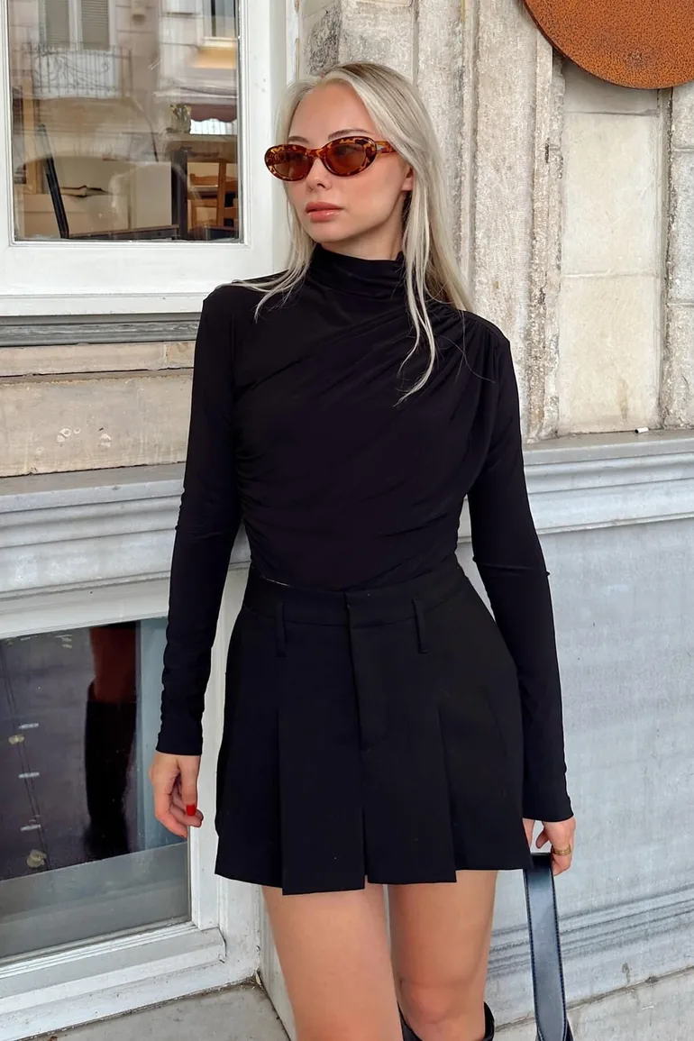 Women's Black Half Turtleneck Shoulder and Waist Draped Blouse Crop