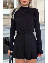 Women's Black Half Turtleneck Shoulder and Waist Draped Blouse Crop - 3