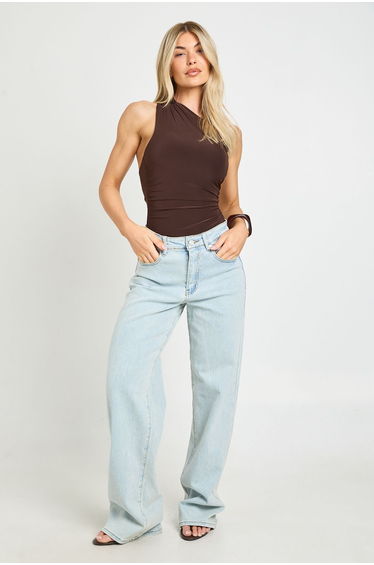 Ruched One Shoulder Mesh Panel Bodysuit - chocolate