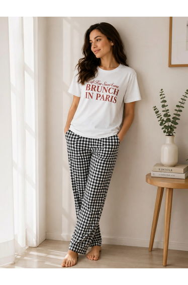 White Text Print T-Shirt and Checked Pyjama Set