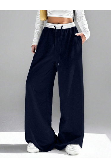 Navy Blue Contrast Waistband Oversized Joggers