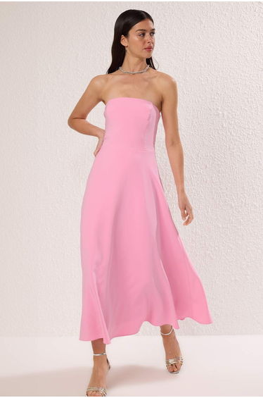 Pink A-Line Strapless Woven Elegant Evening Prom Dress