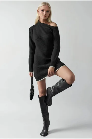 MY FASHION Asymmetrical Collar Ribbed Knit Dress