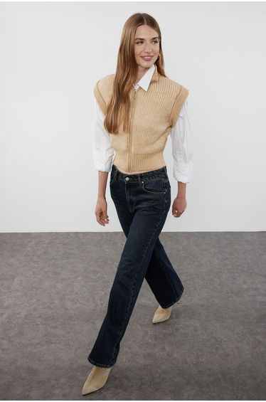 Beige Stand Collar Zippered Regular Vest