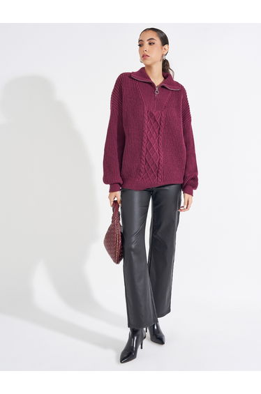 Longline Cable Knit Sweater with Half Zip Detail