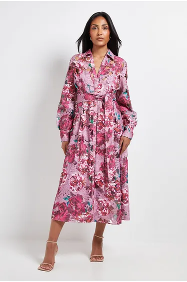 Petite Floral Lace Print Belted Midi Dress