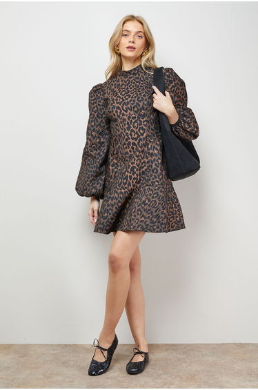 Leopard Print Jacquard Balloon Sleeve Mini Dress