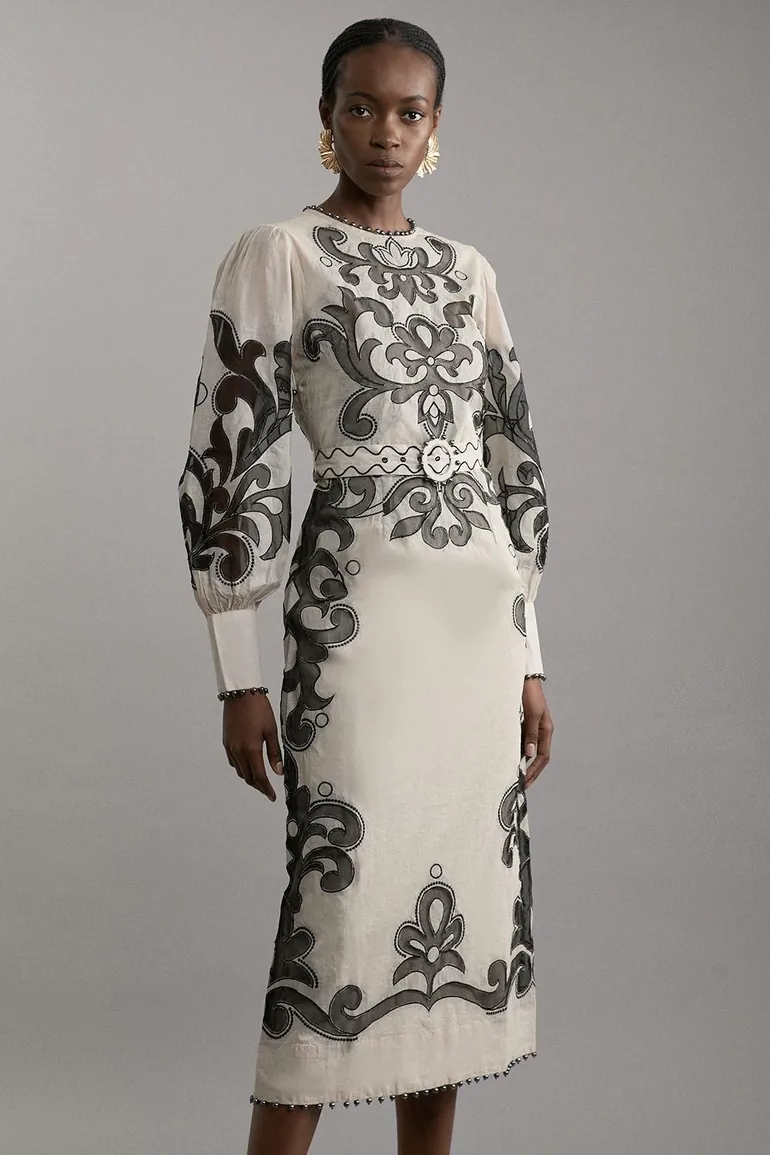 applique organdie midi woven dress Karen Millen Petite Applique Organdie Buttoned Woven Midi Dress in Mono