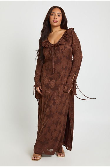 Plus Burnout Chiffon Ruffle Midaxi Dress - chocolate