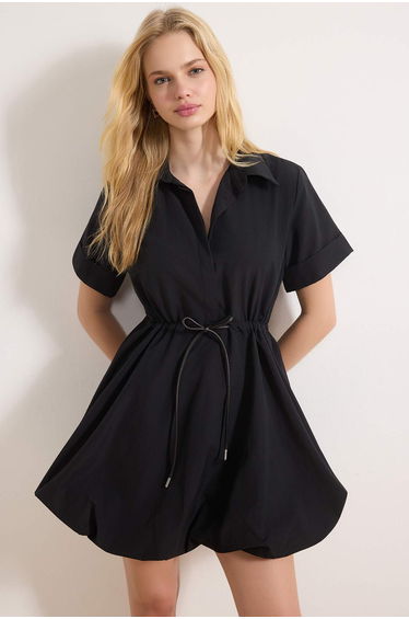 Black Lace-Up Mini Balloon Skirt Detailed Woven Dress