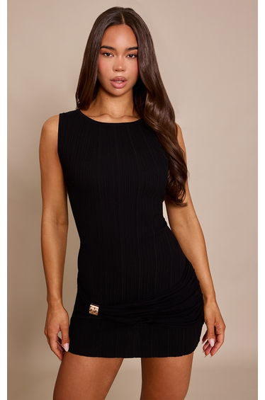 Black Knit Sleeveless Ruched Detail Mini Dress