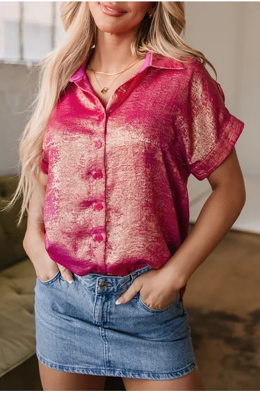 Lvness Rose Red Metallic Sheen Short Sleeve Buttoned Front Casual Shirt