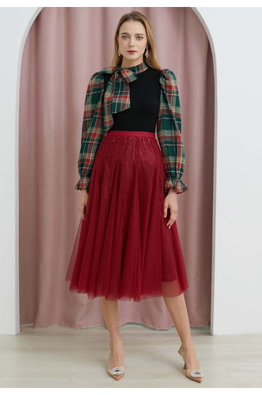 Ravishing Sequins Mesh Tulle Midi Skirt in Red