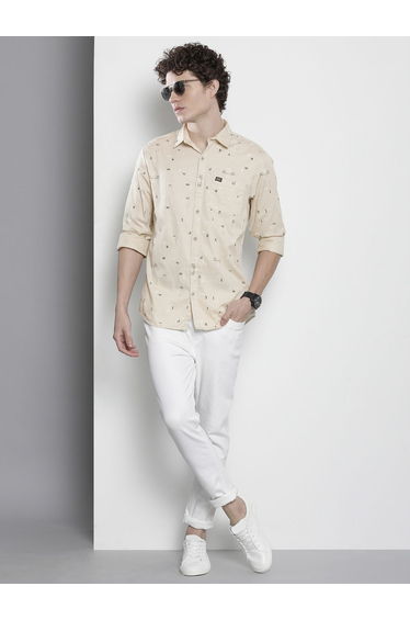 Men Cream Printed Regular Fit Shirt