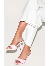 Baby Pink Wide Fit Satin Round Toe Mid Stiletto Heel Mules