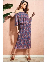 City Goddess Printed Shirred Midi Skirt - Blue - 3