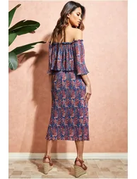 City Goddess Printed Shirred Midi Skirt - Blue