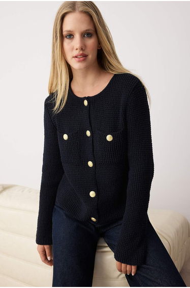 Navy Blue Textured Cotton Blend Knit Cardigan