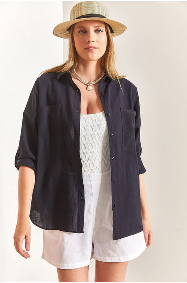 Women's Double Pocket Oversize Linen Shirt