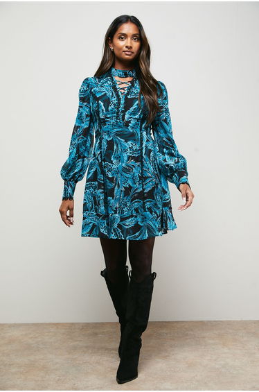 Lace Up High Neck Long Sleeve Mini Dress