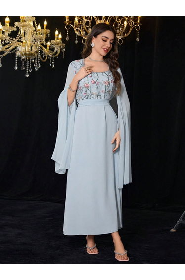 Women Blue Embroidered Floral Maxi Dress