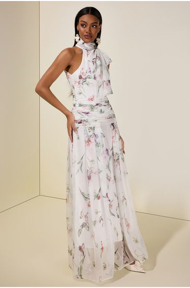 Chiffon Floral Halter Neck Maxi Dress