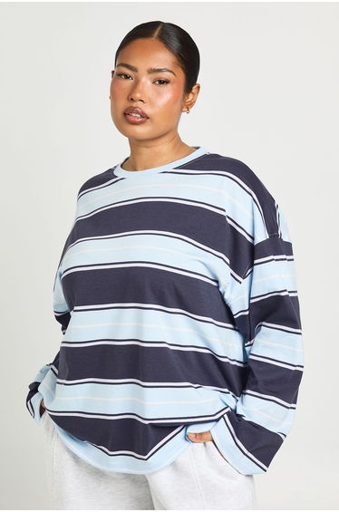 Plus Stripe Oversized Long Sleeve Top - baby blue