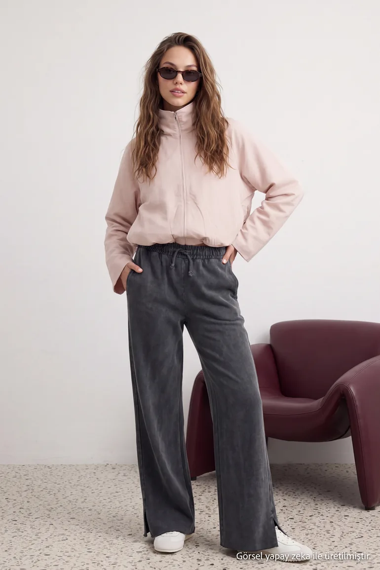 Anthracite Faded/Faded Effect Wide Leg/Wide Legs Normal Waist Thin, Knitted Sweatpants .