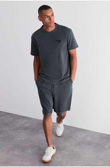 Limited Edition Anthracite Tracksuit Set Oversize / Wide Cut City Embroidered T-Shirt & Shorts