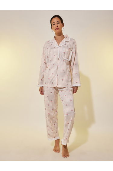 Lace Trim Checked Buttoned Shirt and Pyjama Set