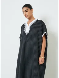 Black Striped Jalabiya with Lace Trim - 1
