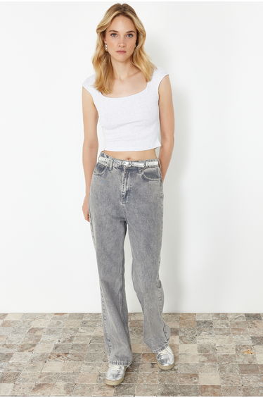 Gray Melange fitted/fitting ribbed stretchy knitted blouse
