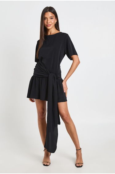 Tie Waist Drop Hem Woven Mini Dress - black
